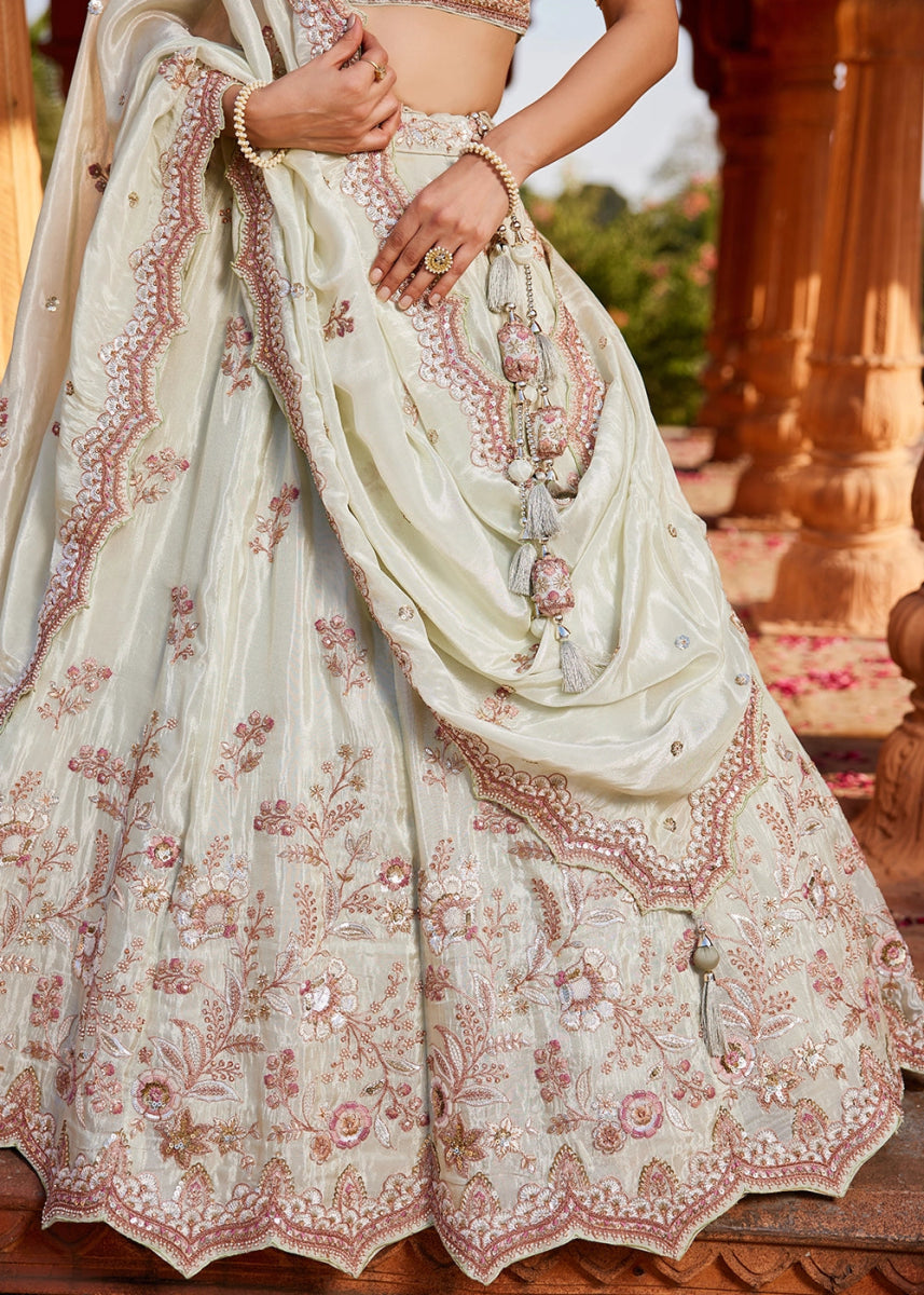 Tea Green Tissue Lehenga with Ornate Beads & Stone Handwork - House of Sarvati LLC