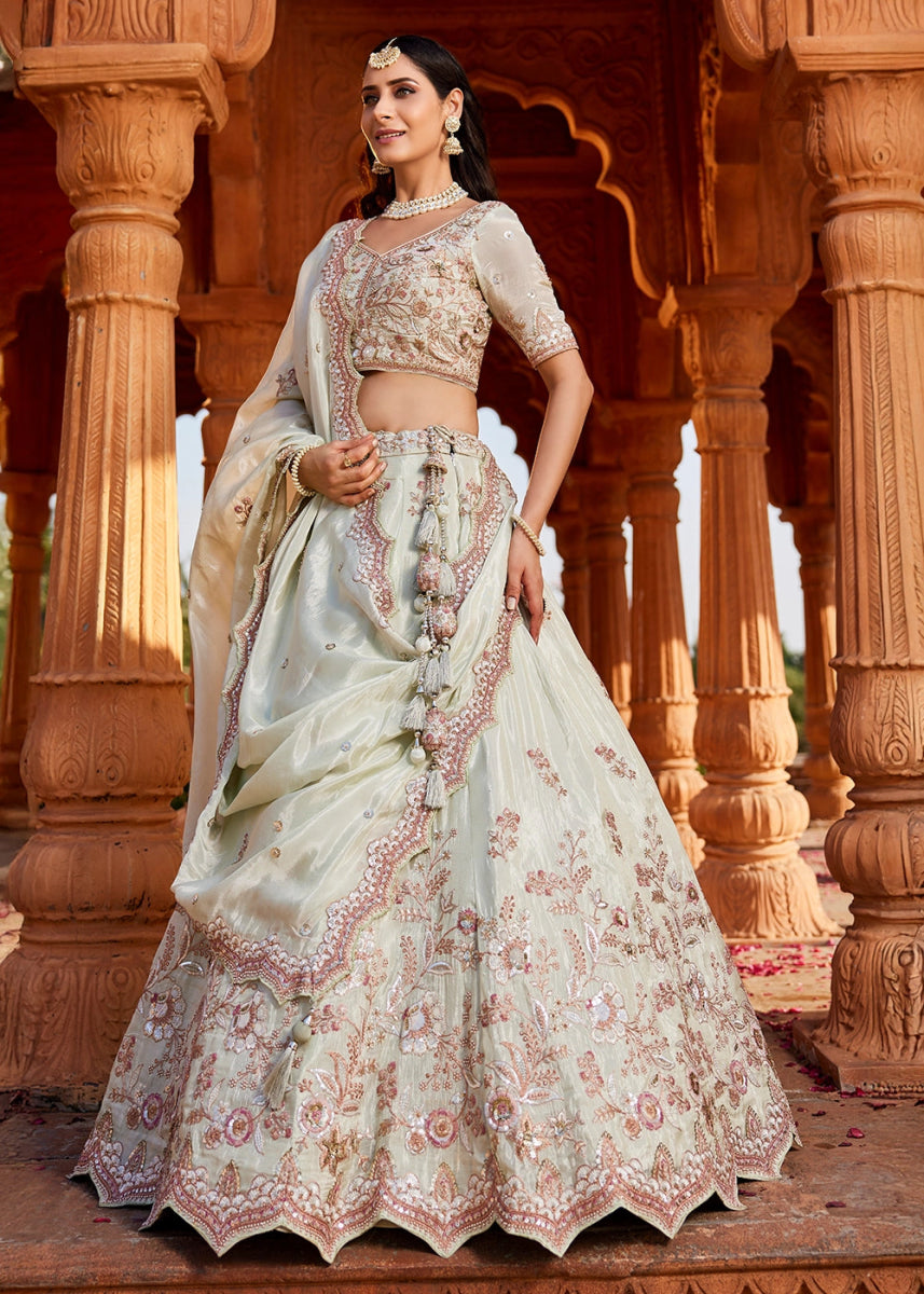 Tea Green Tissue Lehenga with Ornate Beads & Stone Handwork - House of Sarvati LLC