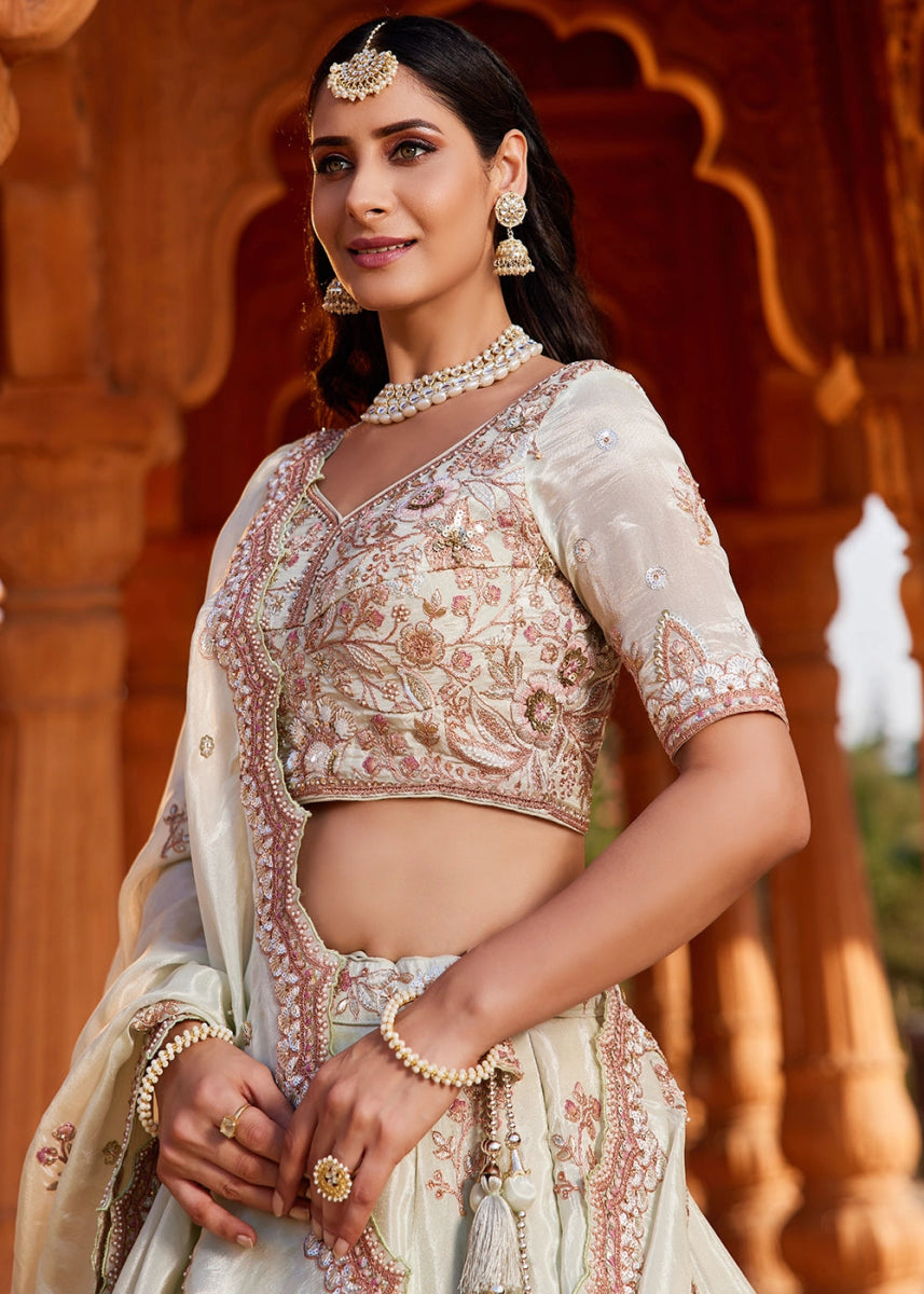 Tea Green Tissue Lehenga with Ornate Beads & Stone Handwork - House of Sarvati LLC