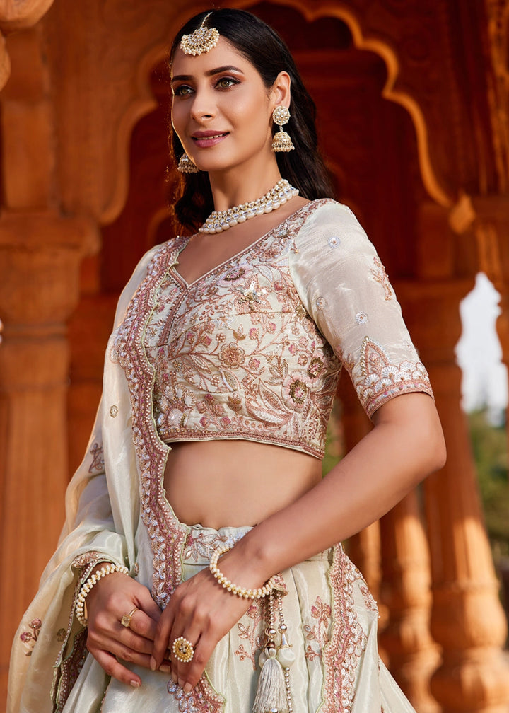 Tea Green Tissue Lehenga with Ornate Beads & Stone Handwork - House of Sarvati LLC