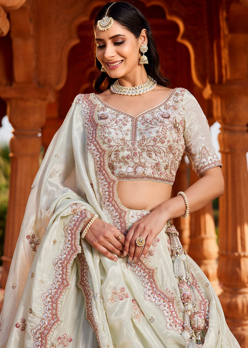 Tea Green Tissue Lehenga with Ornate Beads & Stone Handwork - House of Sarvati LLC