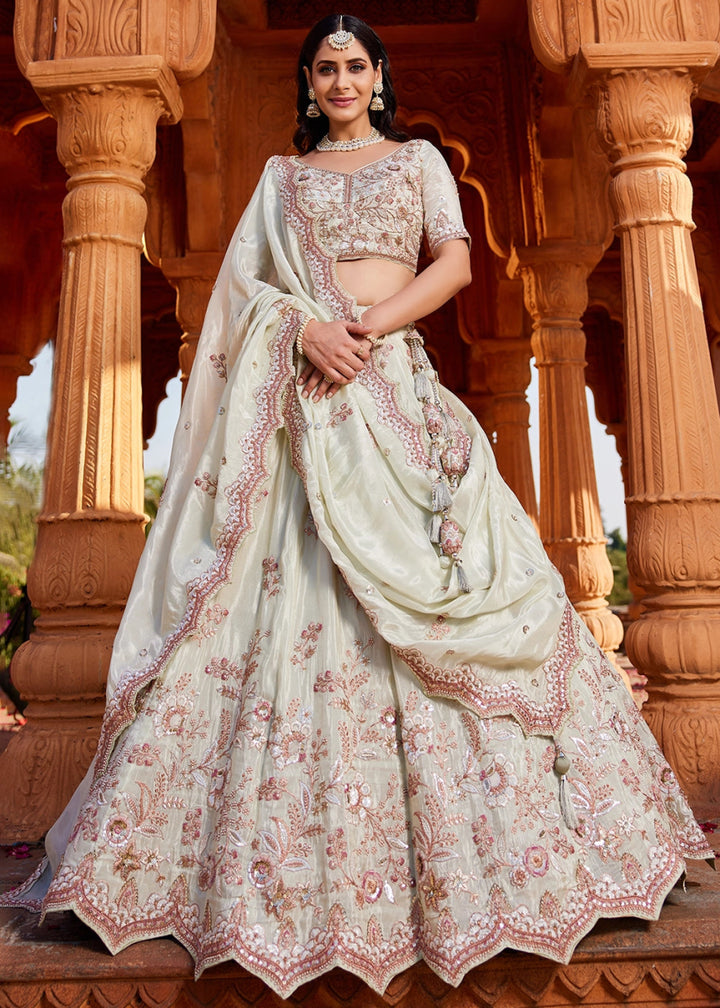 Tea Green Tissue Lehenga with Ornate Beads & Stone Handwork - House of Sarvati LLC
