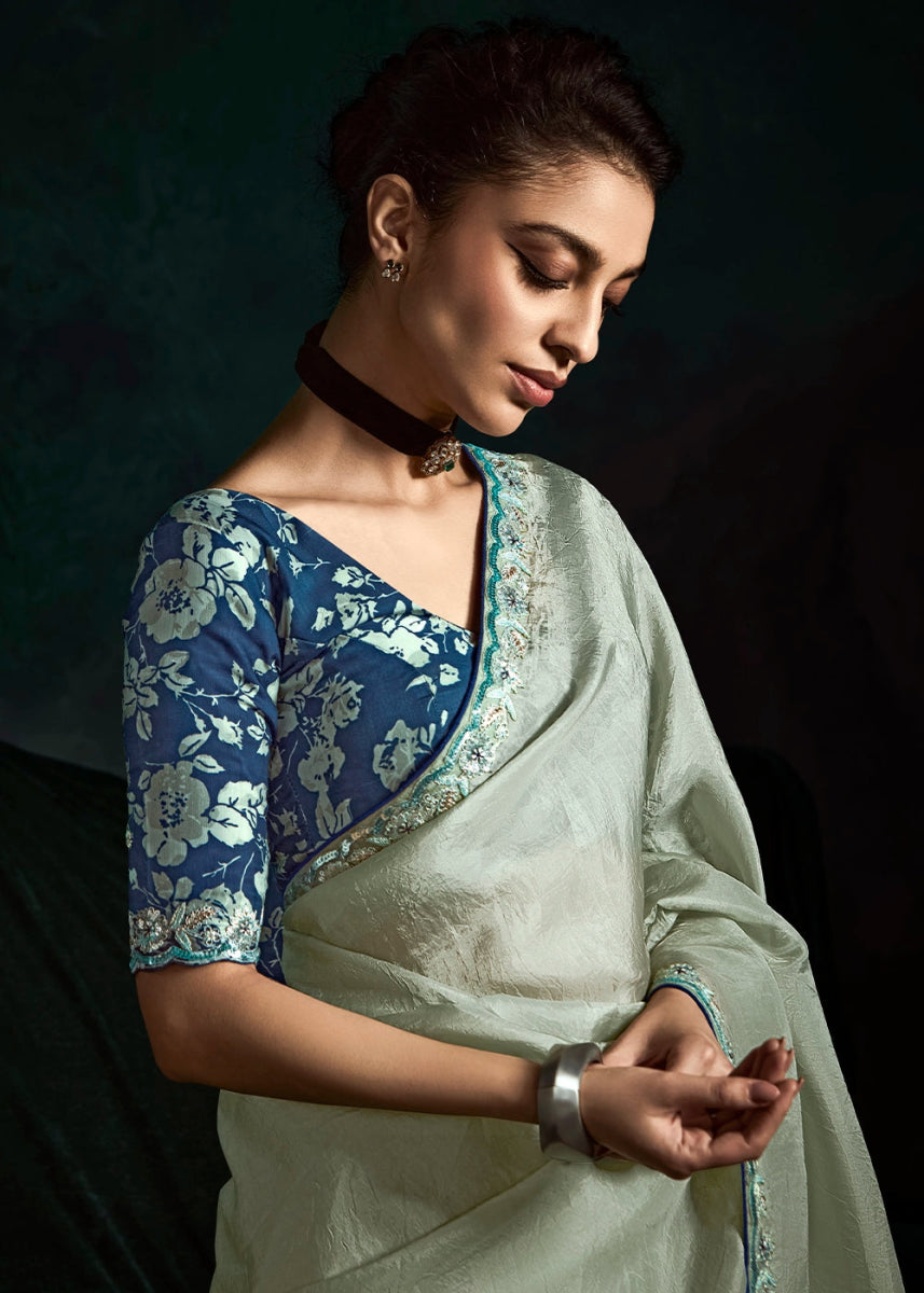 Tea Green Tissue Saree with Dhaga,Thread & Sequin Embellishments - House of Sarvati LLC