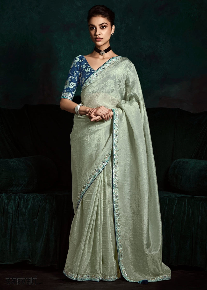 Tea Green Tissue Saree with Dhaga,Thread & Sequin Embellishments - House of Sarvati LLC