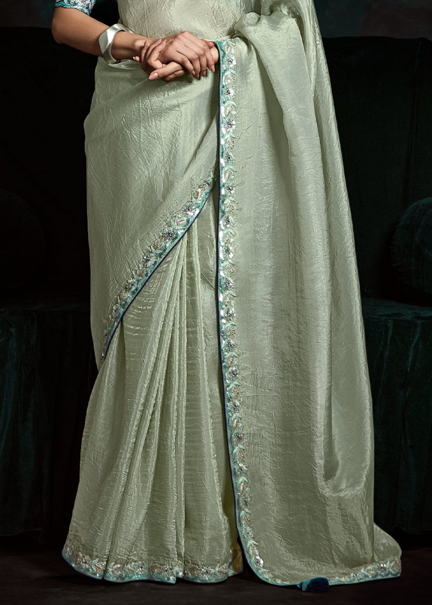 Tea Green Tissue Saree with Dhaga,Thread & Sequin Embellishments - House of Sarvati LLC