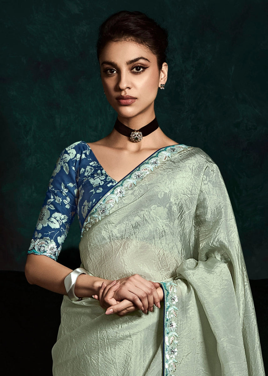 Tea Green Tissue Saree with Dhaga,Thread & Sequin Embellishments - House of Sarvati LLC