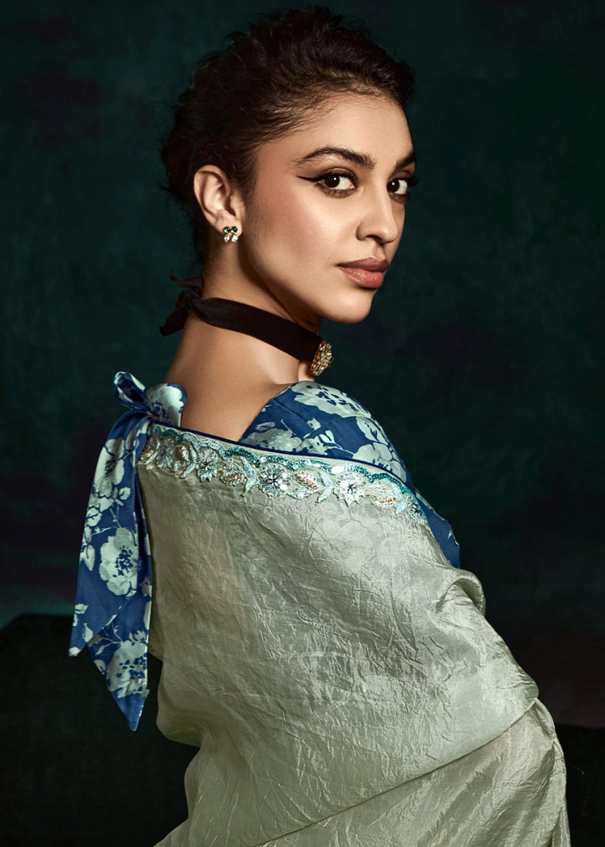 Tea Green Tissue Saree with Dhaga,Thread & Sequin Embellishments - House of Sarvati LLC