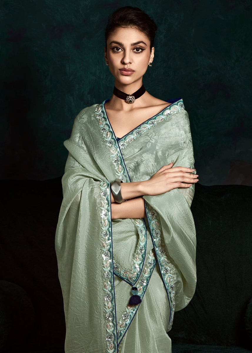 Tea Green Tissue Saree with Dhaga,Thread & Sequin Embellishments - House of Sarvati LLC