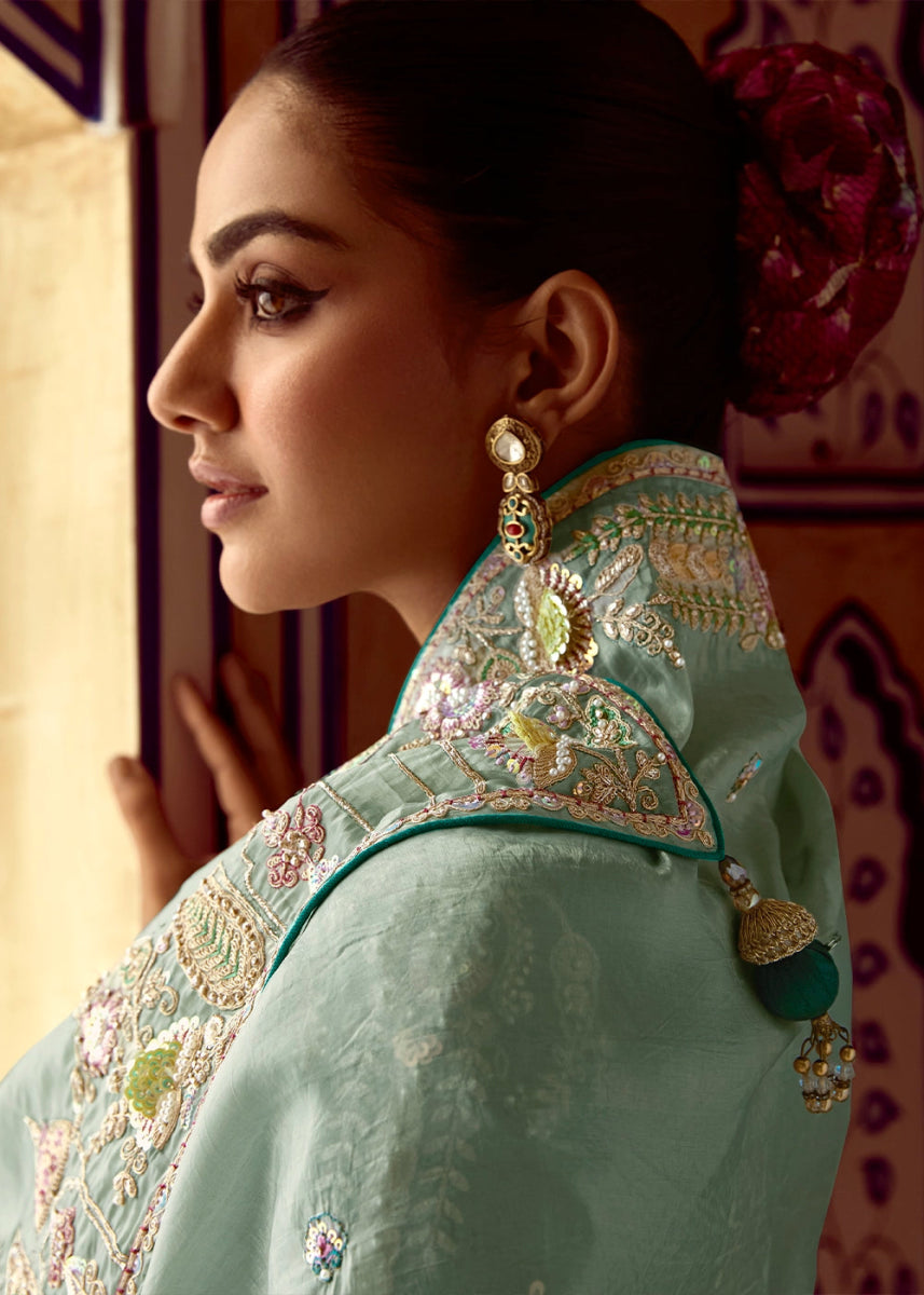Chevron Beautified Tea Green Tissue Silk Saree | Floral Embroidery & Sequin Accents β Sarvati