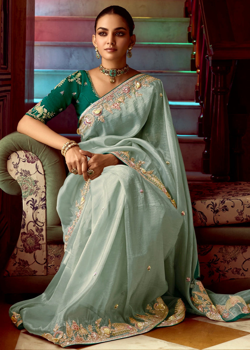 Tea Green Tissue Silk Saree Beautified with Intricate Thread Embroidery And Sequin Accents - House of Sarvati LLC
