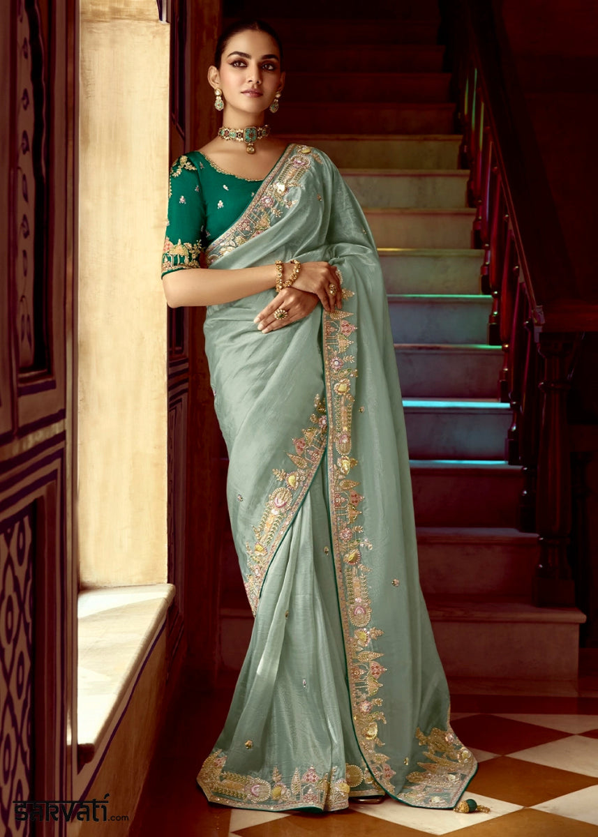 Tea Green Tissue Silk Saree Beautified with Intricate Thread Embroidery And Sequin Accents - House of Sarvati LLC