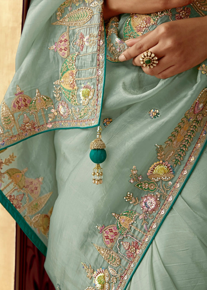 Tea Green Tissue Silk Saree Beautified with Intricate Thread Embroidery And Sequin Accents - House of Sarvati LLC