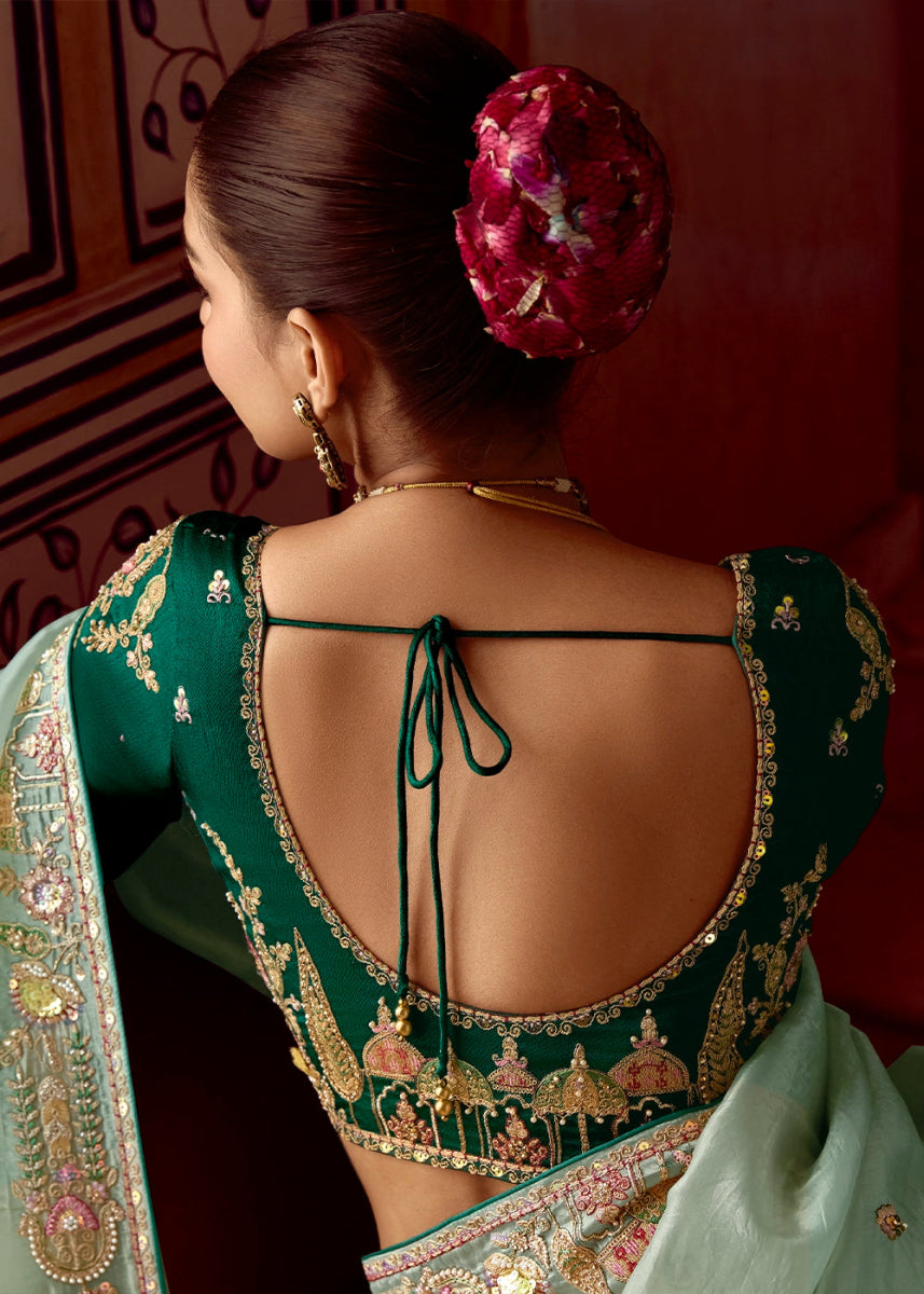 Tea Green Tissue Silk Saree Beautified with Intricate Thread Embroidery And Sequin Accents - House of Sarvati LLC