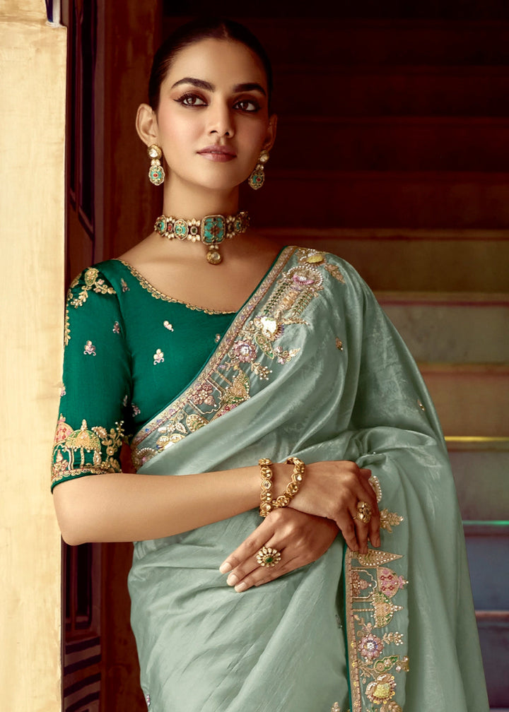 Tea Green Tissue Silk Saree Beautified with Intricate Thread Embroidery And Sequin Accents - House of Sarvati LLC
