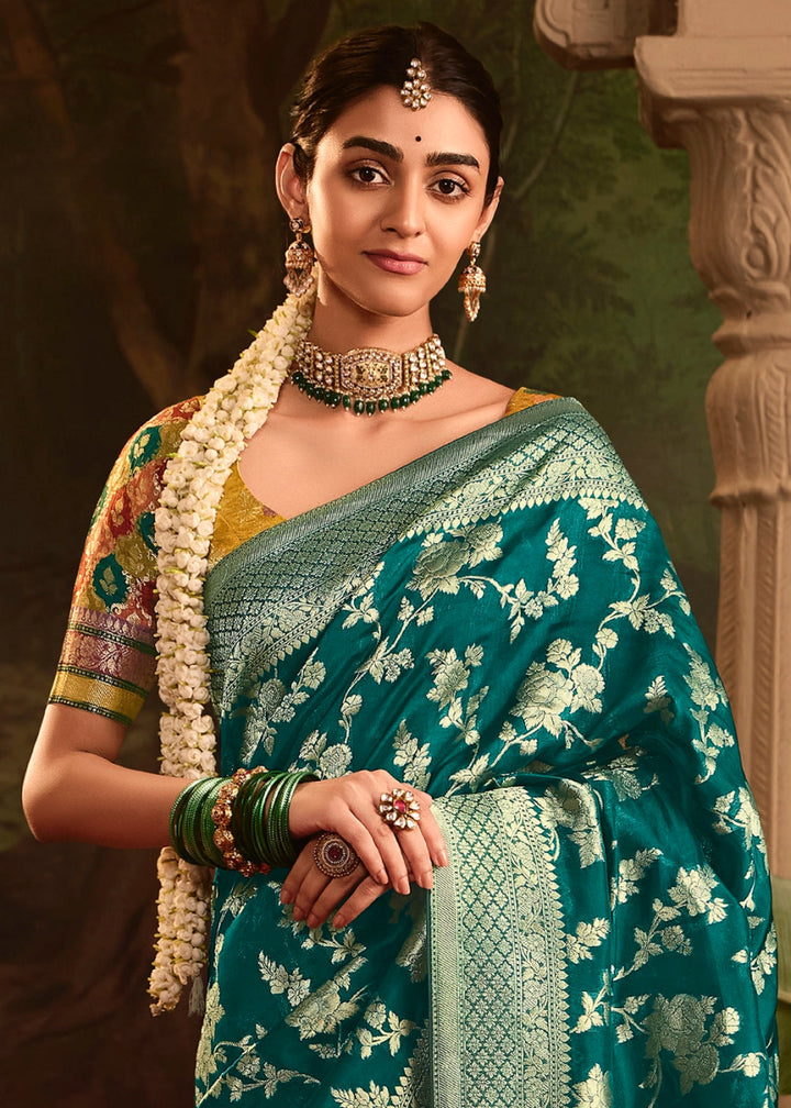 Teal Blue Crepe Dola Silk Saree with Rich Zari Weaving - House of Sarvati LLC