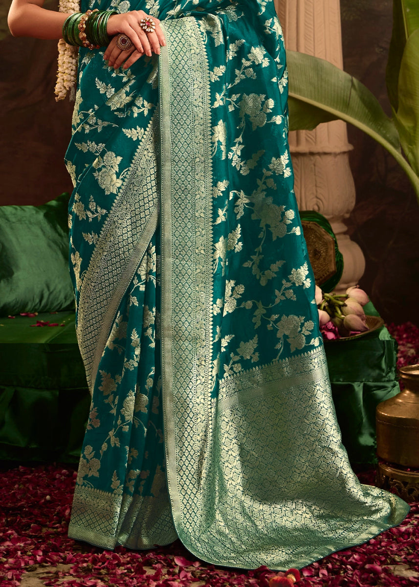 Teal Blue Crepe Dola Silk Saree with Rich Zari Weaving - House of Sarvati LLC