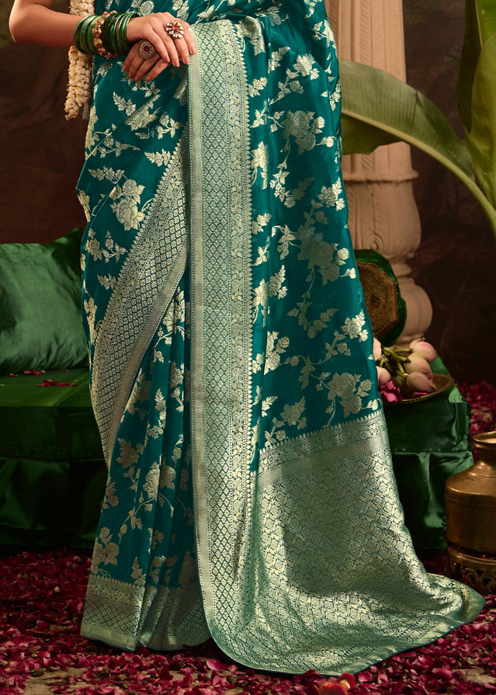 Teal Blue Crepe Dola Silk Saree with Rich Zari Weaving - House of Sarvati LLC