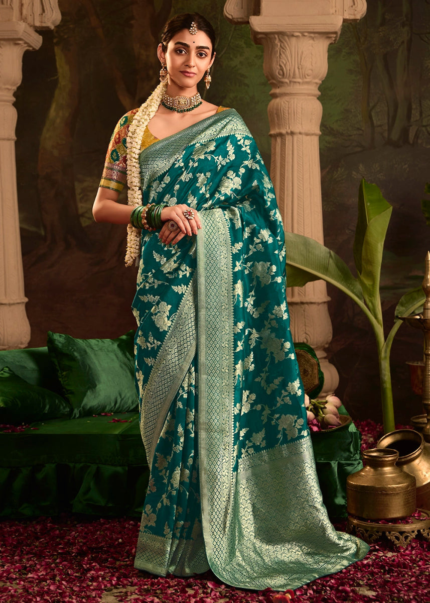 Teal Blue Crepe Dola Silk Saree with Rich Zari Weaving - House of Sarvati LLC