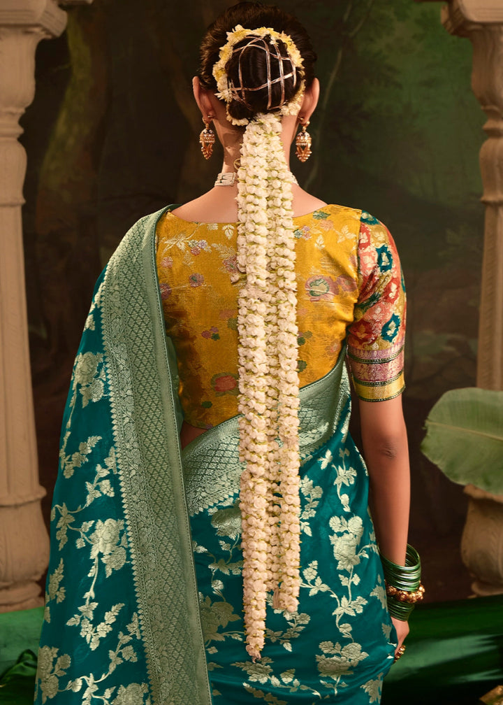 Teal Blue Crepe Dola Silk Saree with Rich Zari Weaving - House of Sarvati LLC