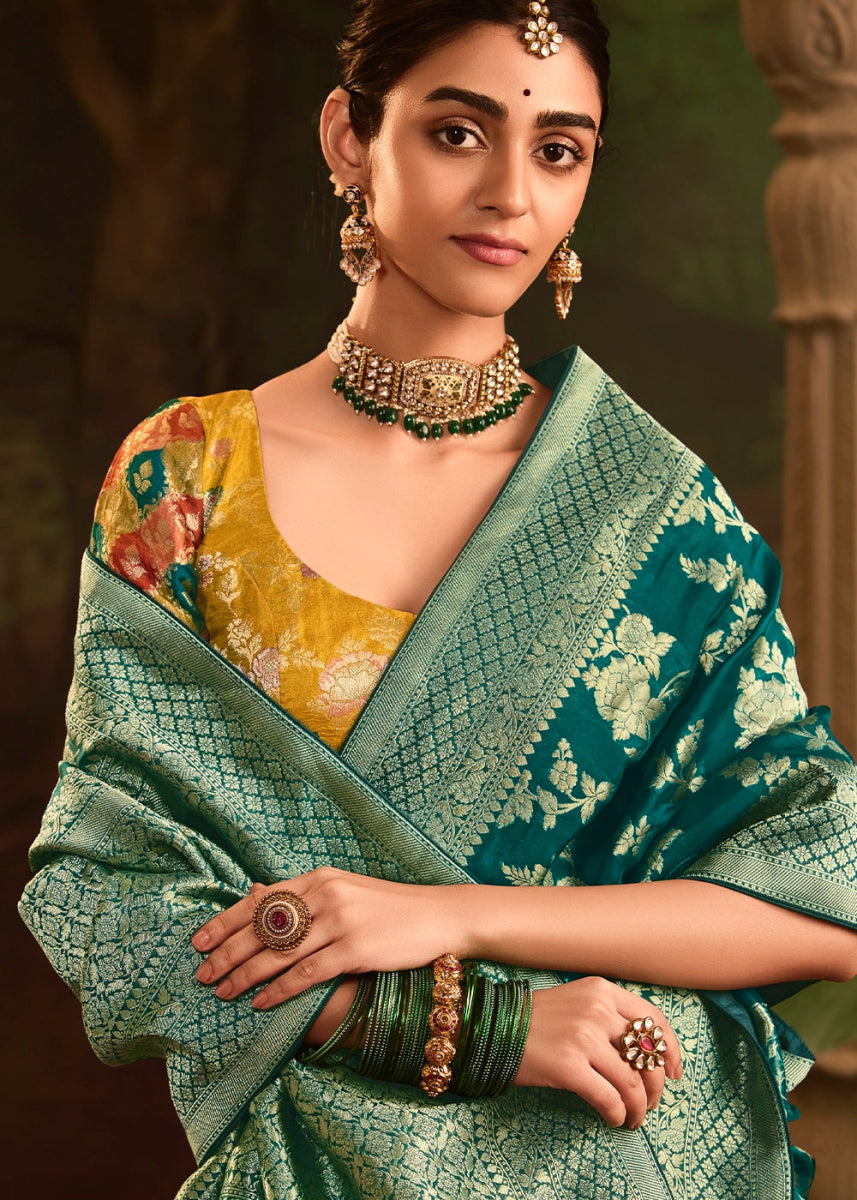 Teal Blue Crepe Dola Silk Saree with Rich Zari Weaving - House of Sarvati LLC