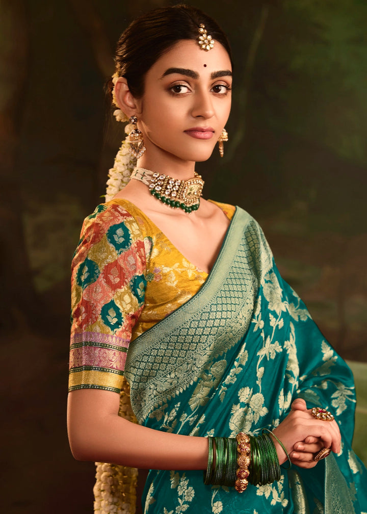 Teal Blue Crepe Dola Silk Saree with Rich Zari Weaving - House of Sarvati LLC