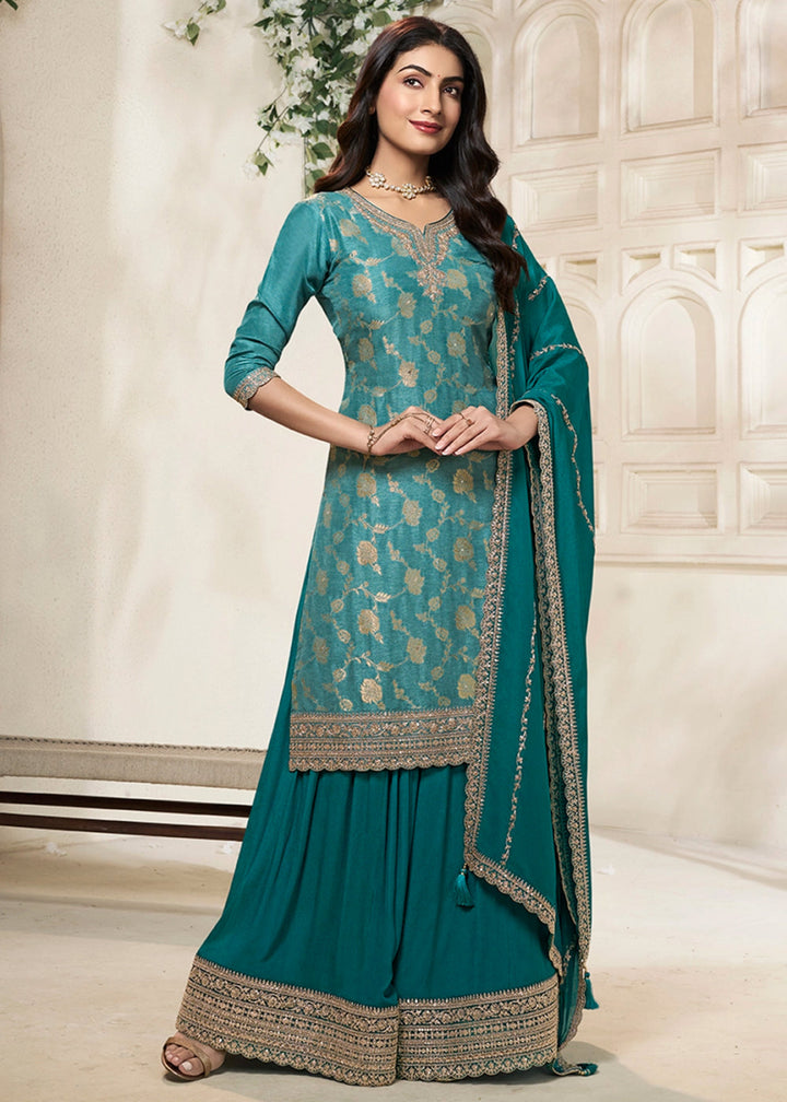 Teal Blue Dola Silk Sharara Suit with Intricate Jacquard Detailing - House of Sarvati LLC