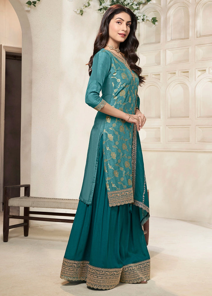 Teal Blue Dola Silk Sharara Suit with Intricate Jacquard Detailing - House of Sarvati LLC