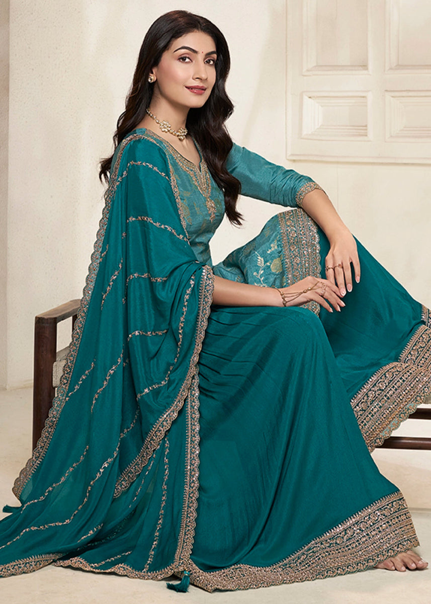 Teal Blue Dola Silk Sharara Suit with Intricate Jacquard Detailing - House of Sarvati LLC