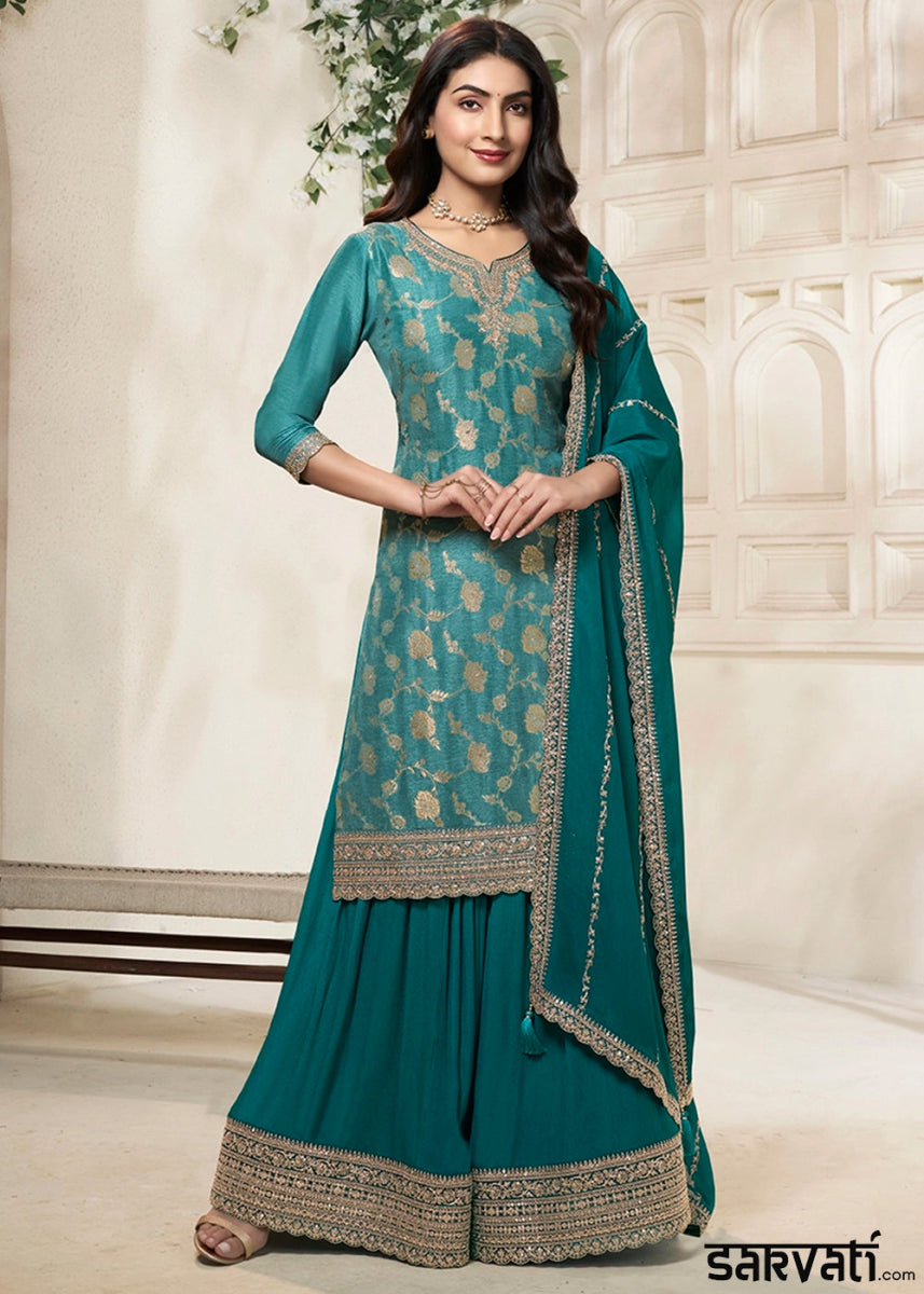 Teal Blue Dola Silk Sharara Suit with Intricate Jacquard Detailing - House of Sarvati LLC