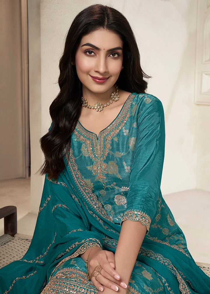 Teal Blue Dola Silk Sharara Suit with Intricate Jacquard Detailing - House of Sarvati LLC