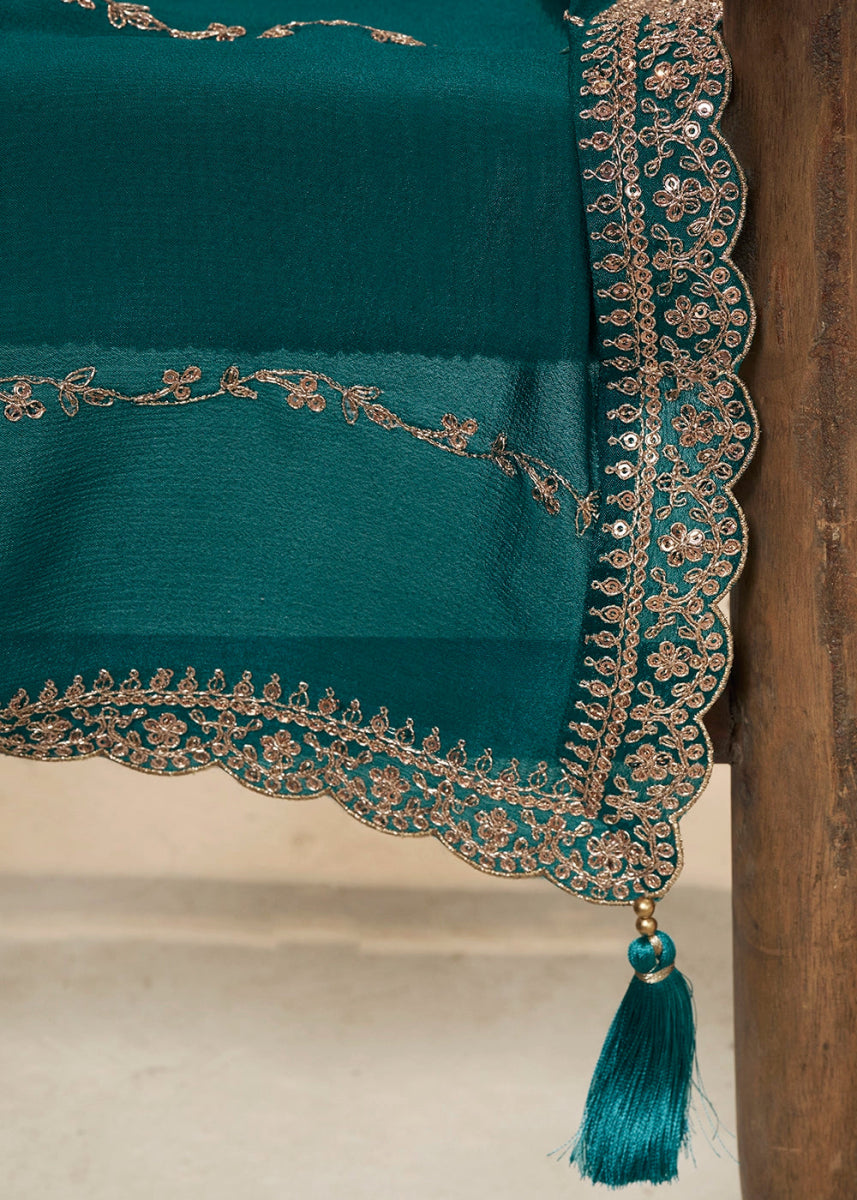 Teal Blue Dola Silk Sharara Suit with Intricate Jacquard Detailing - House of Sarvati LLC