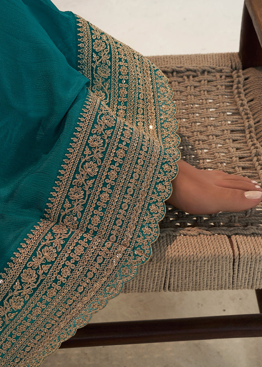 Teal Blue Dola Silk Sharara Suit with Intricate Jacquard Detailing - House of Sarvati LLC