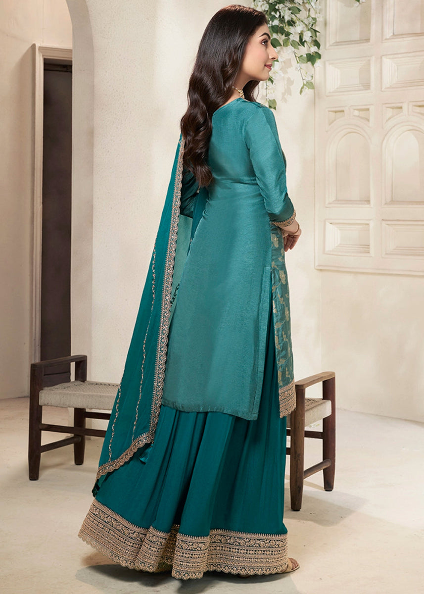 Teal Blue Dola Silk Sharara Suit with Intricate Jacquard Detailing - House of Sarvati LLC