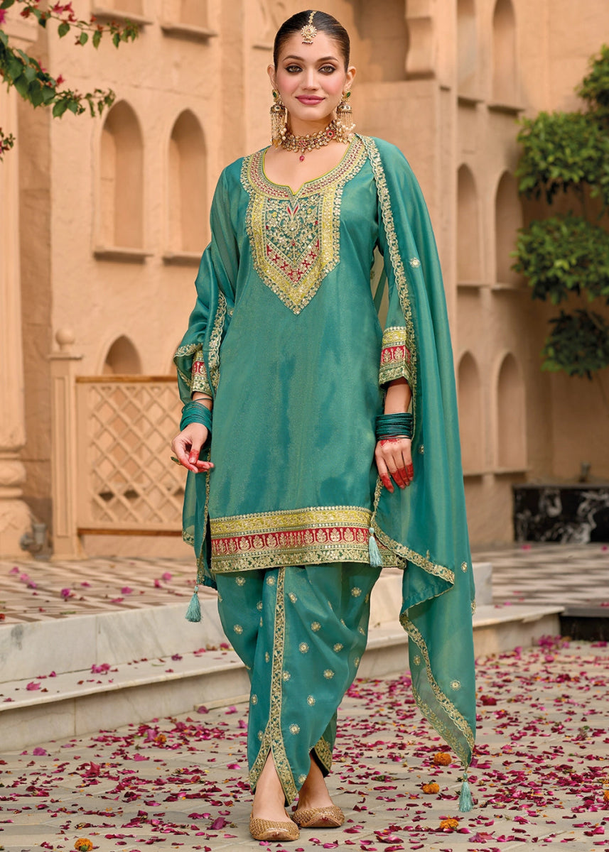 Teal Blue Embroidered Dhoti and Kurti in Simar Silk - House of Sarvati LLC