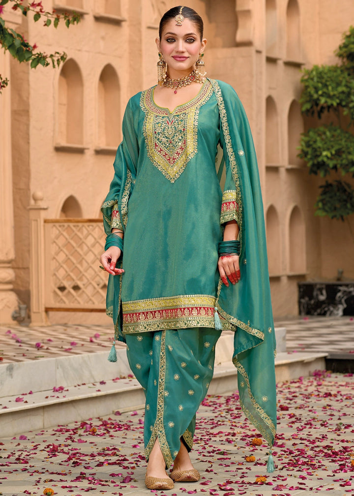 Teal Blue Embroidered Dhoti and Kurti in Simar Silk - House of Sarvati LLC