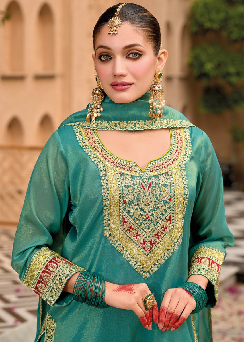 Teal Blue Embroidered Dhoti and Kurti in Simar Silk - House of Sarvati LLC