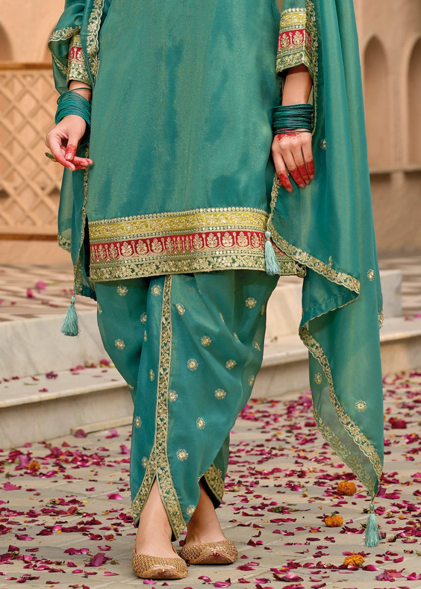 Teal Blue Embroidered Dhoti and Kurti in Simar Silk - House of Sarvati LLC