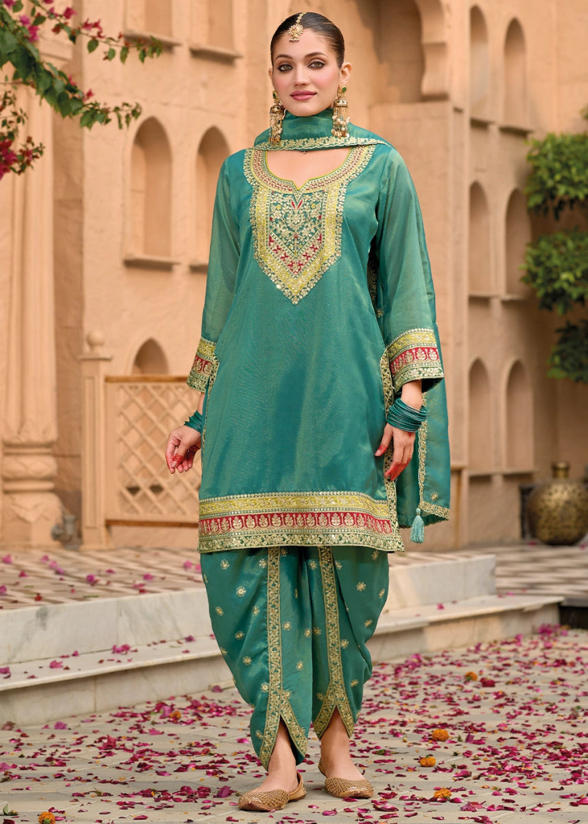 Teal Blue Embroidered Dhoti and Kurti in Simar Silk - House of Sarvati LLC