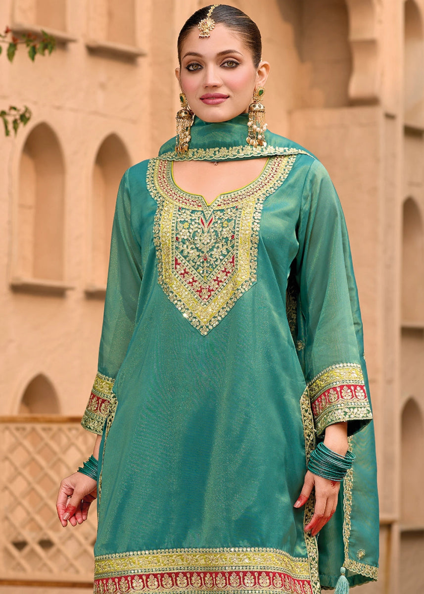 Teal Blue Embroidered Dhoti and Kurti in Simar Silk - House of Sarvati LLC