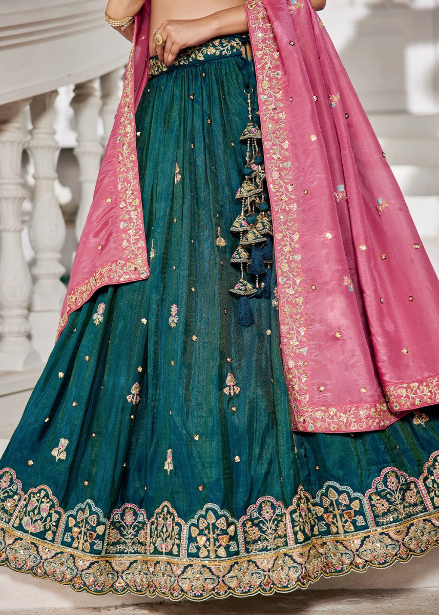Teal Blue Tissue Lehenga Choli with Elegant Floral Embroidery - House of Sarvati LLC