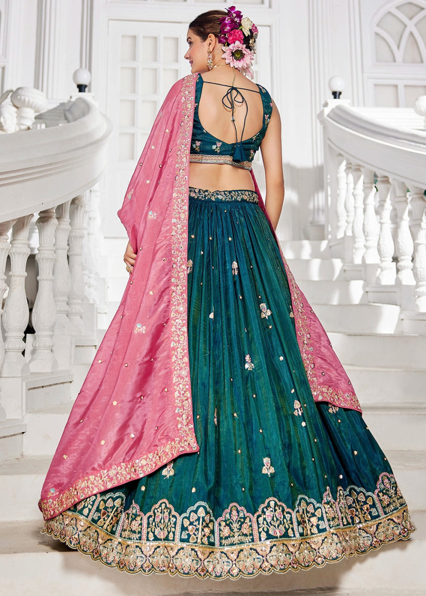 Teal Blue Tissue Lehenga Choli with Elegant Floral Embroidery - House of Sarvati LLC