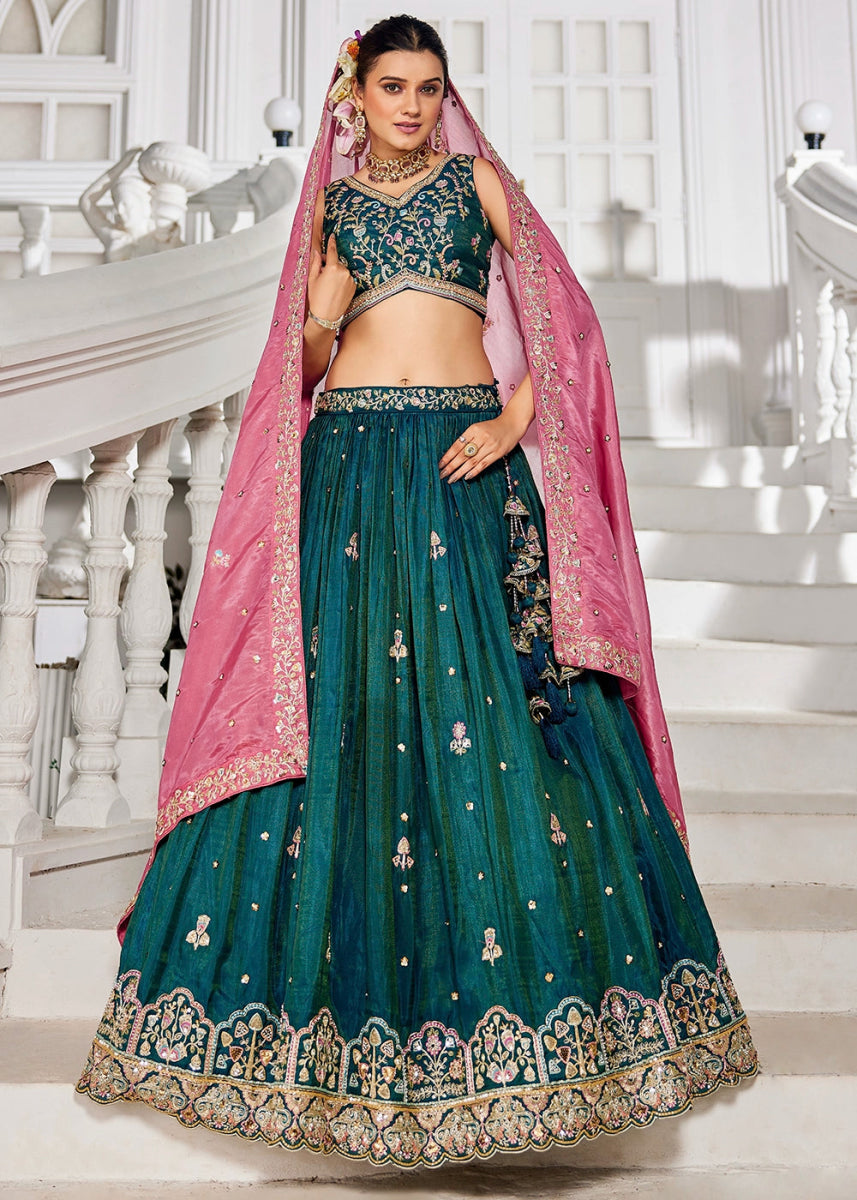 Teal Blue Tissue Lehenga Choli with Elegant Floral Embroidery - House of Sarvati LLC