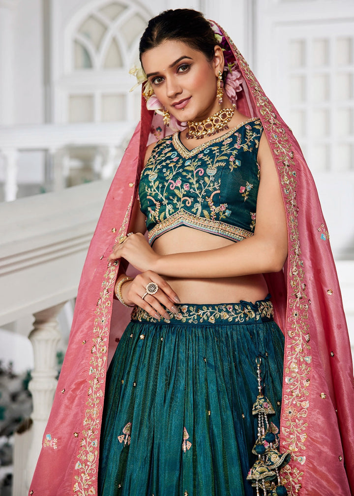 Teal Blue Tissue Lehenga Choli with Elegant Floral Embroidery - House of Sarvati LLC