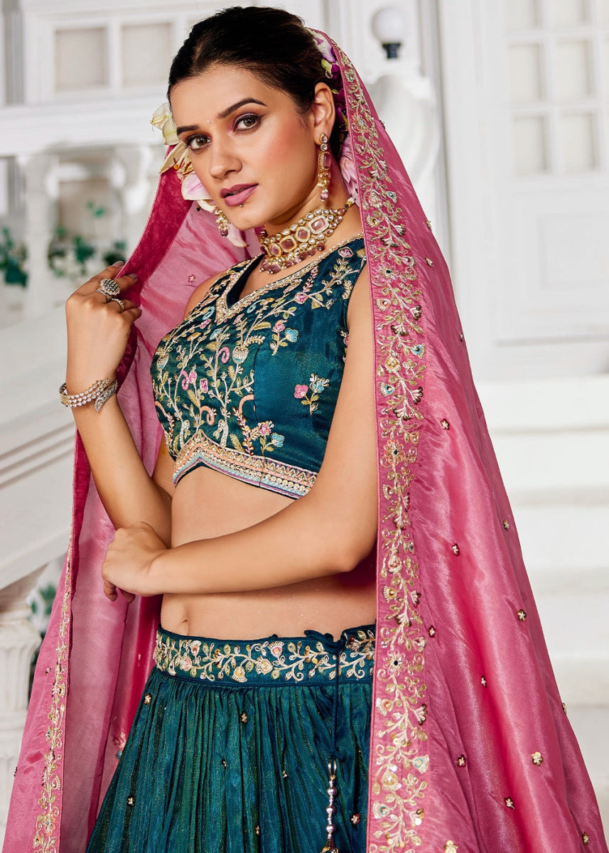 Teal Blue Tissue Lehenga Choli with Elegant Floral Embroidery - House of Sarvati LLC