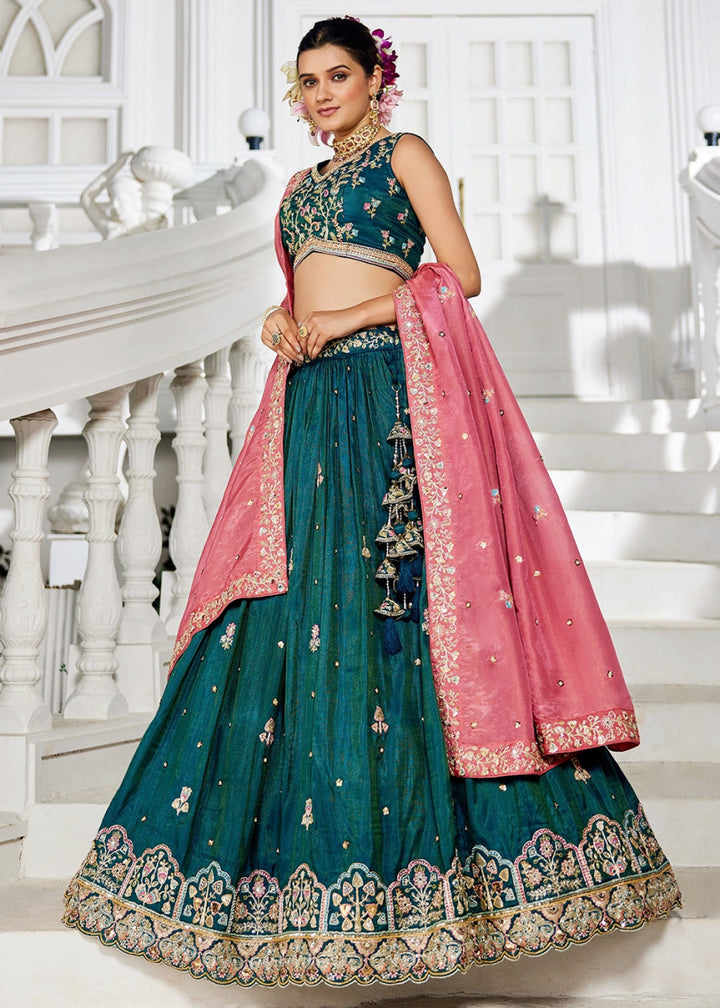 Teal Blue Tissue Lehenga Choli with Elegant Floral Embroidery - House of Sarvati LLC