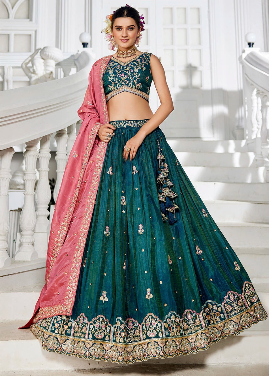 Teal Blue Tissue Lehenga Choli with Elegant Floral Embroidery - House of Sarvati LLC