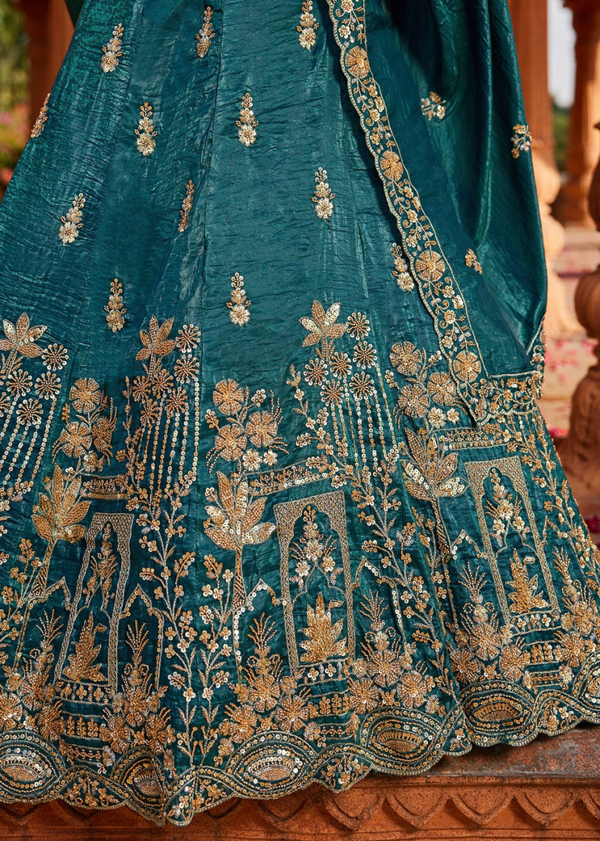 Teal Blue Tissue Lehenga Featuring Exquisite Floral & Bead Work - House of Sarvati LLC