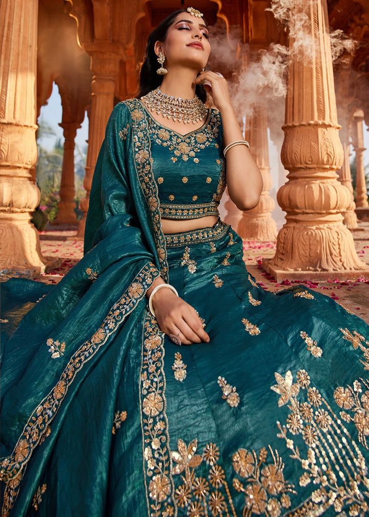 Teal Blue Tissue Lehenga Featuring Exquisite Floral & Bead Work - House of Sarvati LLC
