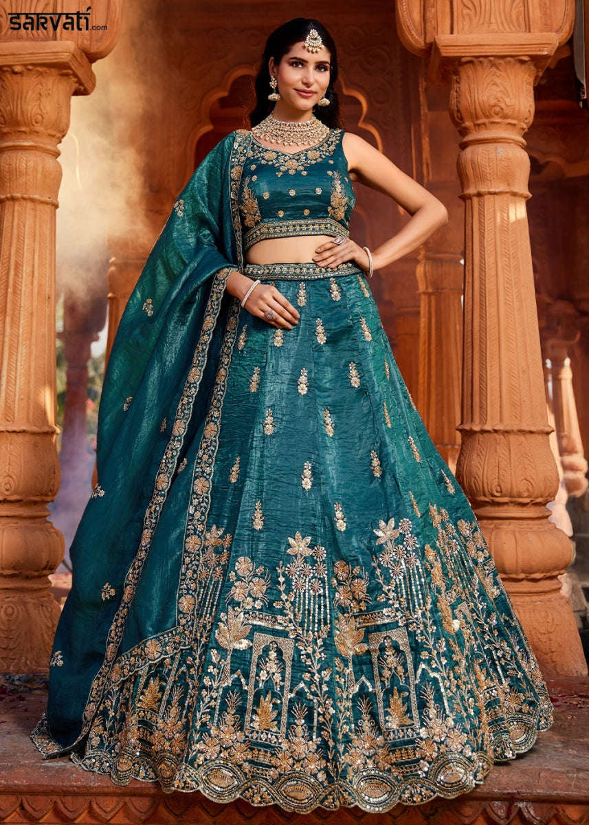 Teal Blue Tissue Lehenga Featuring Exquisite Floral & Bead Work - House of Sarvati LLC