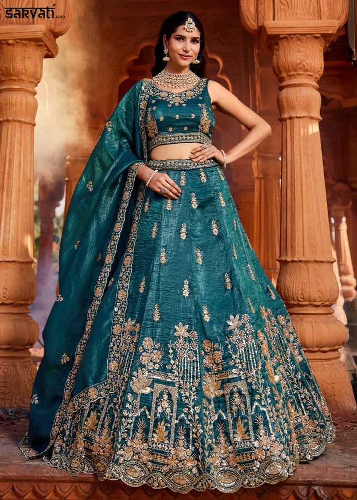 Teal Blue Tissue Lehenga Featuring Exquisite Floral & Bead Work - House of Sarvati LLC